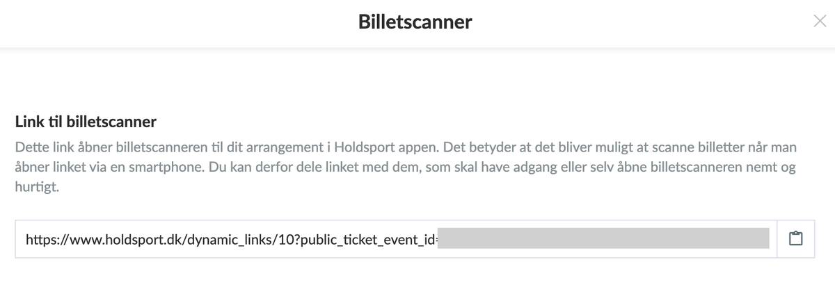 Billetscanner-vinduet på computer i Holdsport med link til app-scanneren